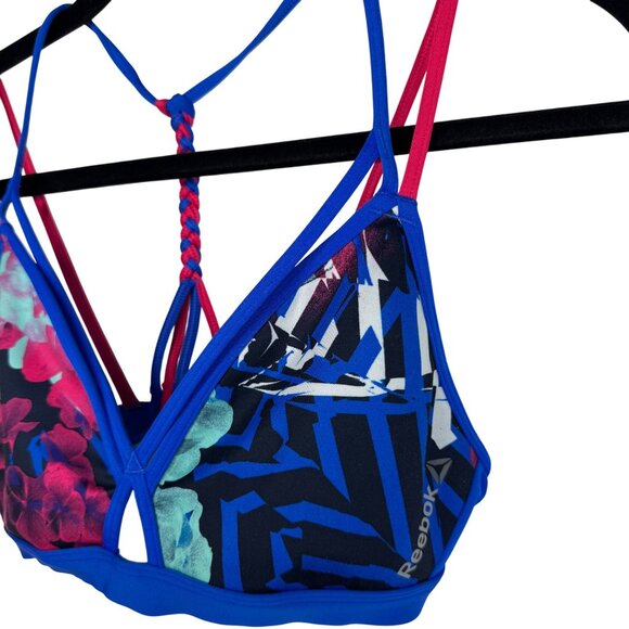 Reebok Strappy Sexy Cut Out Play Dry Sports Bra Floral Print‎ Blue Red Size S - Picture 3 of 8